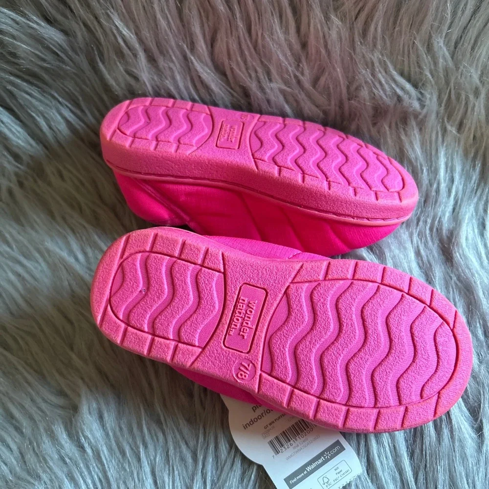 Wonder Nation Puffer Slippers Girl Size 7-8 Pink Plush Fuzzy Lined Slip On Shoes